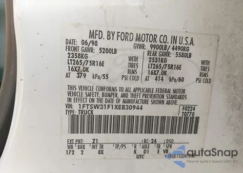 1999 Ford F-350 Lariat/Xl/Xlt из США, поврежденный, VIN 1FTSW31F1XEB30944